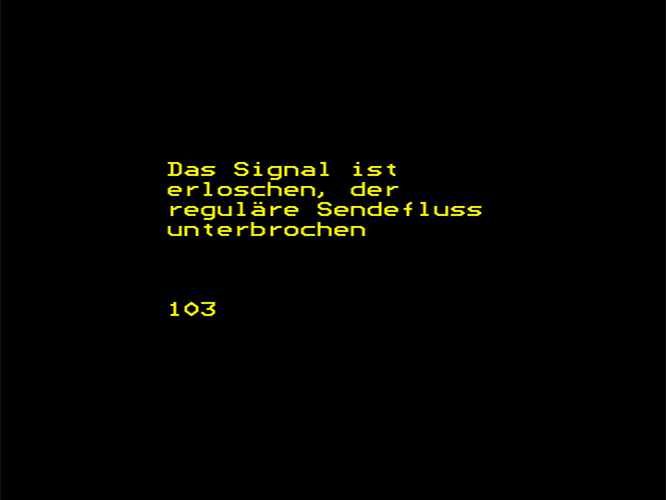 A teletext frame: Yellow text on black stating that the signal is missing.