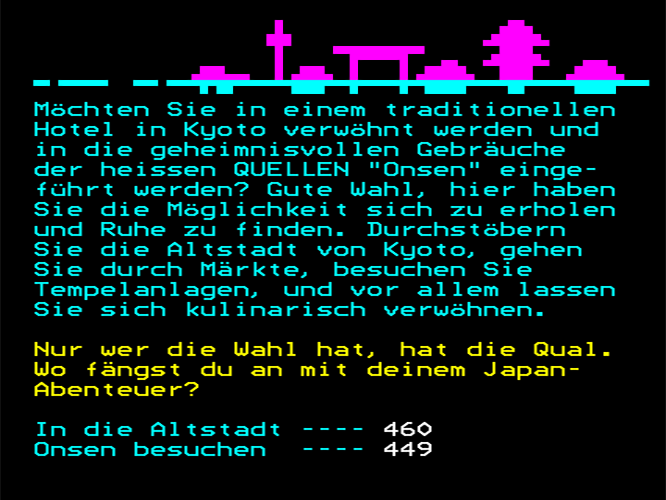 A teletext frame: Advertising text for vacation in Kyoto.