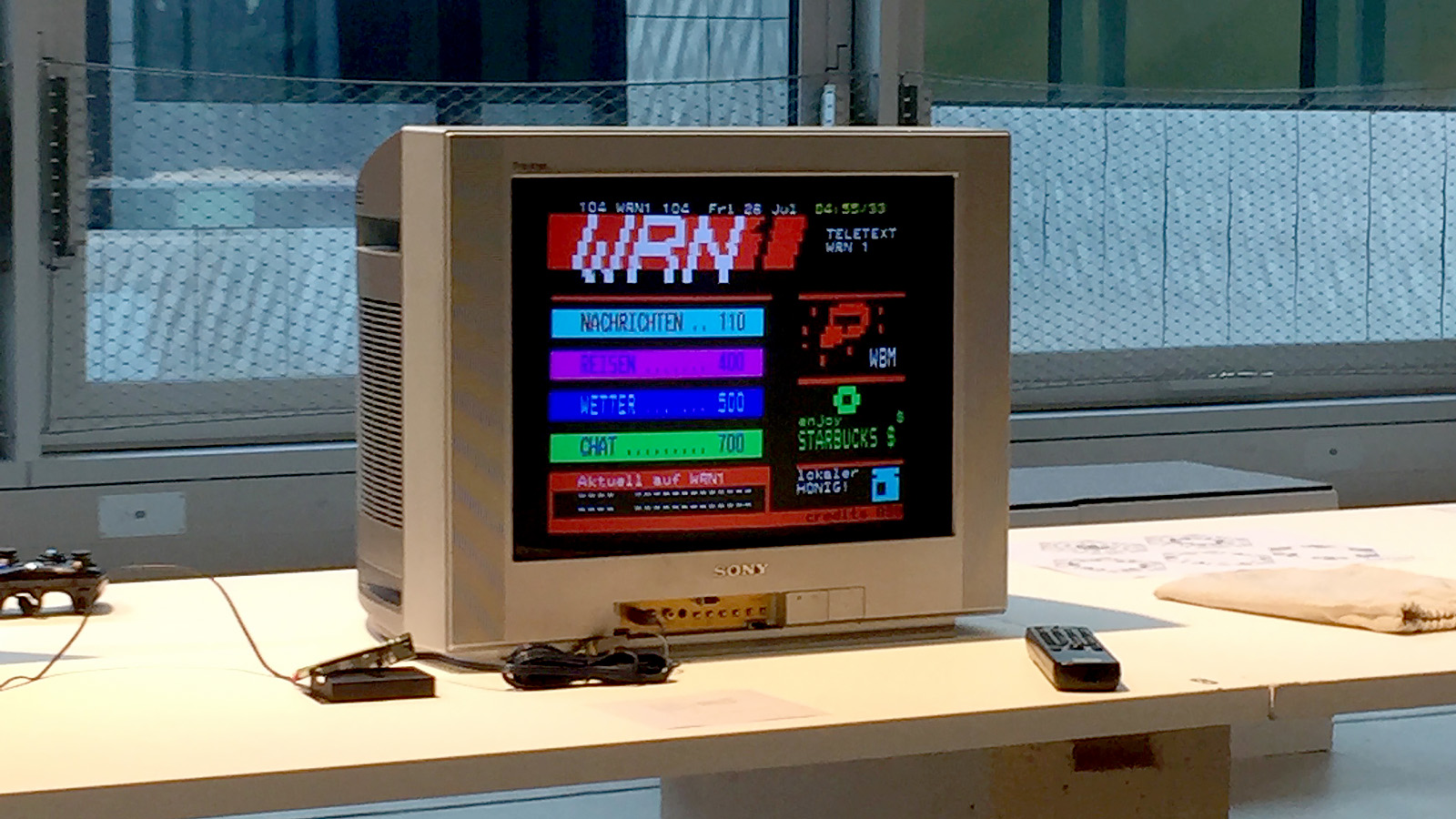 A CRT TV showing the landing page of Teletext WRN1