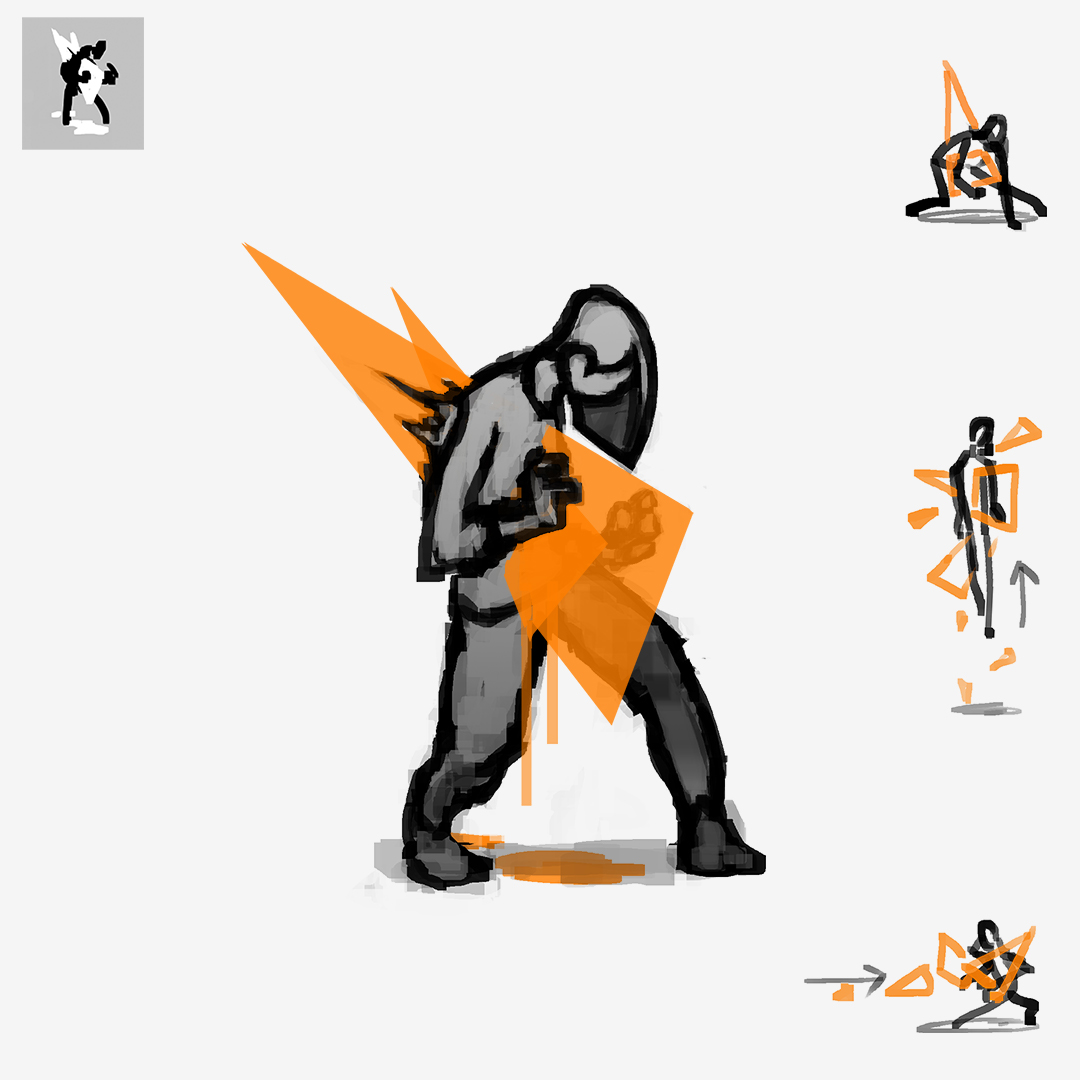 Sketches of a figure impaled by polygons